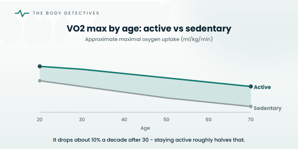 vo2 max active vs sedentary by age.
